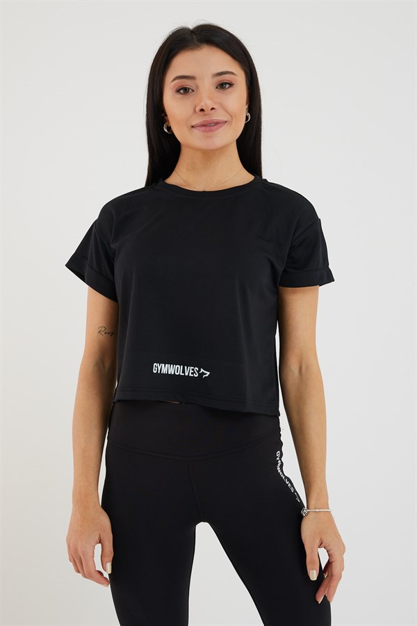 Gymwolves Kadın T-Shirt Crop | Spor Tshirt | Siyah |Gymwolves