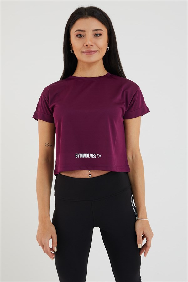 Gymwolves Woman T-Shirt Crop | Sport Tshirt | Damson |