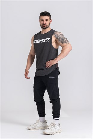 Gymwolves Erkek Kolsuz T-Shirt | Siyah Melanj | Erkek Spor T-shirt | Workout Tanktop | Gymwolves