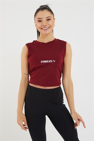 Gymwolves Kadın Spor T-Shirt | Çift Taraf Giyilebilir Yırtmaçlı | Bordo |Gymwolves
