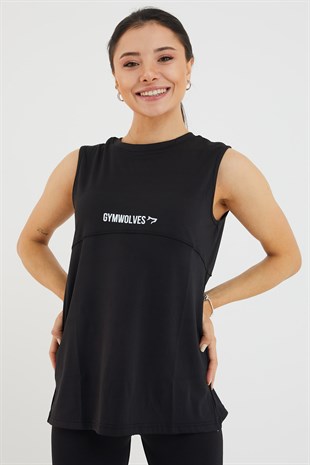 Gymwolves Kadın Spor T-Shirt  | Çift Taraf Giyilebilir Yırtmaçlı | Siyah |Gymwolves