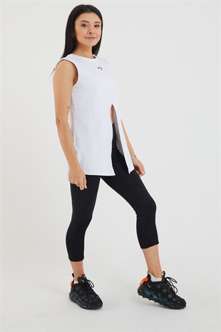 Gymwolves Kadın Spor T-Shirt | Çift Taraf Giyilebilir Yırtmaçlı | Beyaz |Gymwolves
