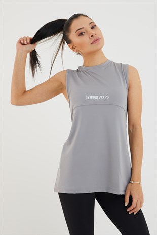 Gymwolves Kadın Spor T-Shirt | Çift Taraf Giyilebilir Yırtmaçlı | Gri |Gymwolves