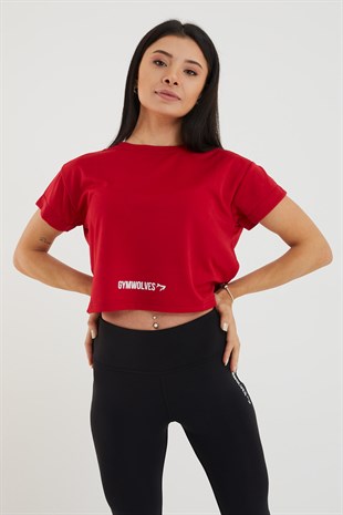 Gymwolves Kadın T-Shirt Crop | Spor Tshirt | Kırmızı |Gymwolves