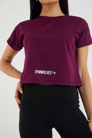 Gymwolves Kadın T-Shirt Crop | Spor Tshirt | Mürdüm |Gymwolves
